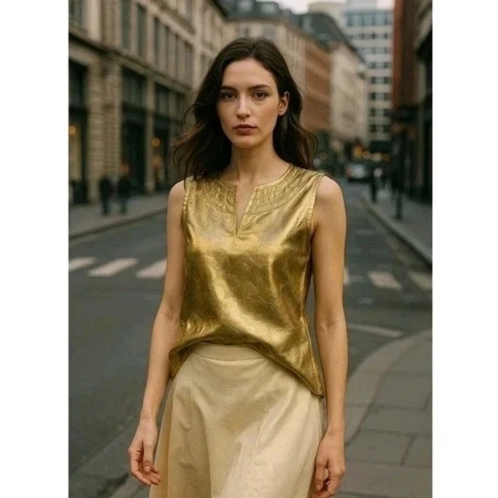 Tory Burch Silk Blend Luxe Gold Metallic Top $350 Stephanie Collection. Like New - Picture 7 of 13